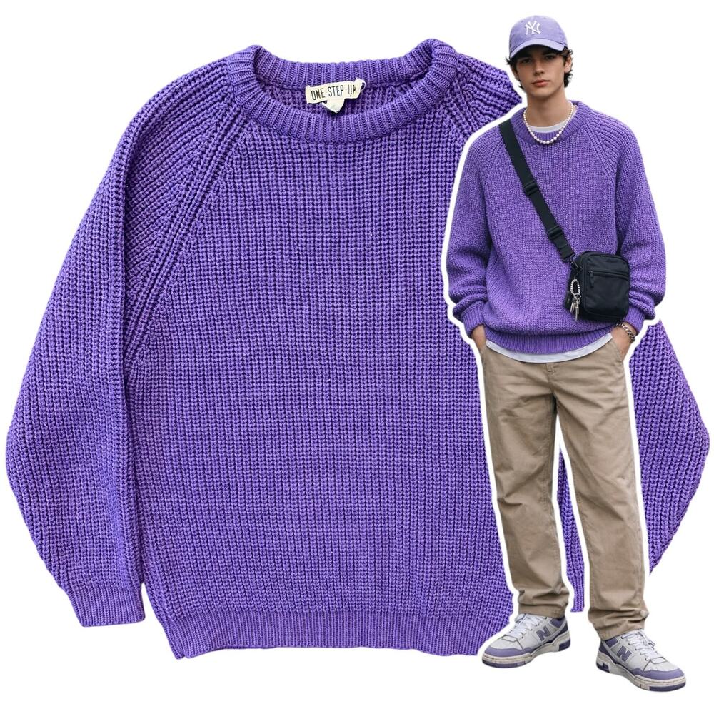 Vintage 80s Mens Purple Fishermans Sweater Size Medium Preppy Sporty One Step Up